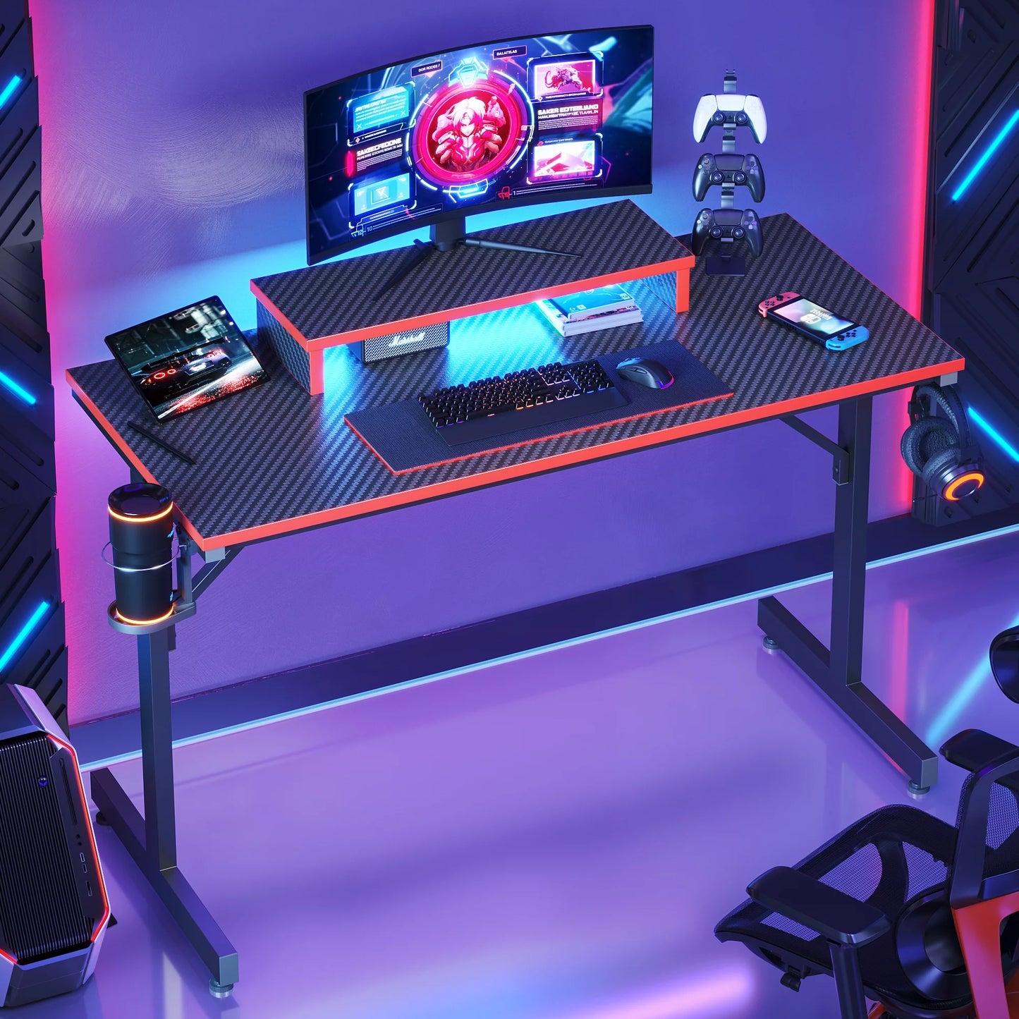 42" Gaming Desk with LED Lights, Monitor Stand, Hook, and Cup Holder