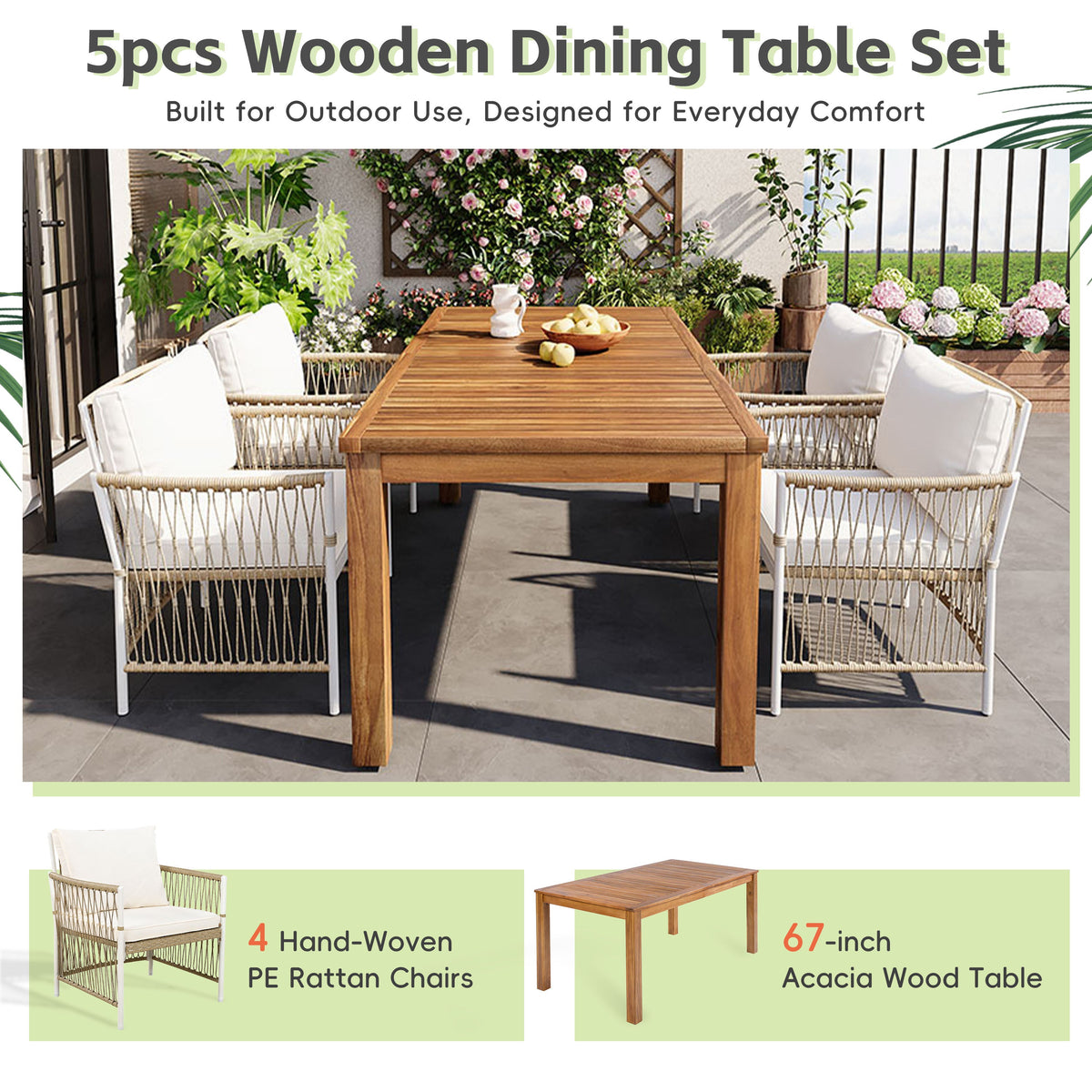 5-Piece Wood Outdoor Dining Set With 67 Inch Table