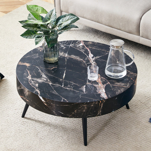 Round Marble Top Cocktail Table, 31.5 Inch Black Finish