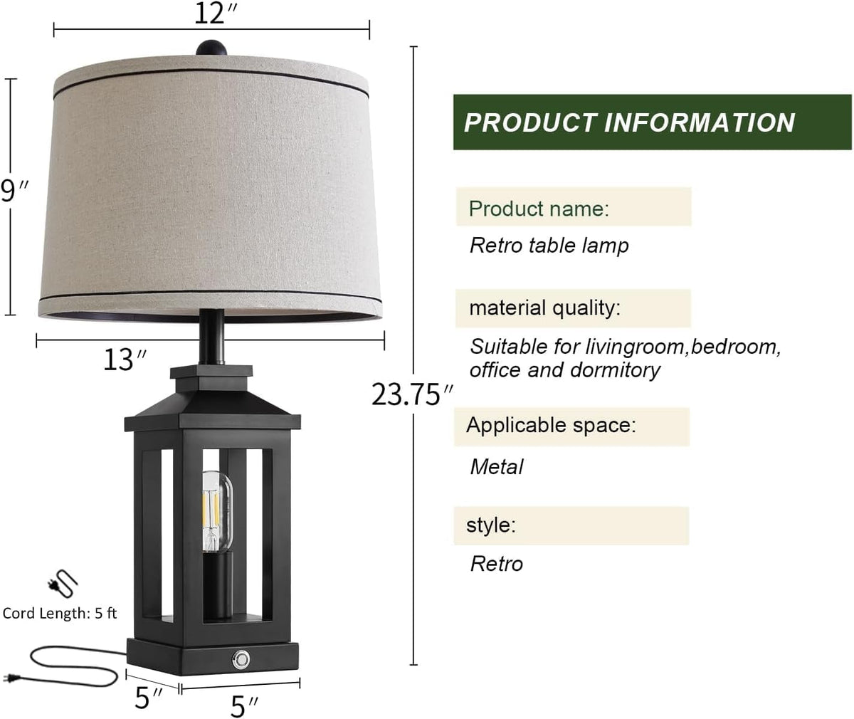 Retro Black Table Lamps Set of 2 With Touch Control and USB