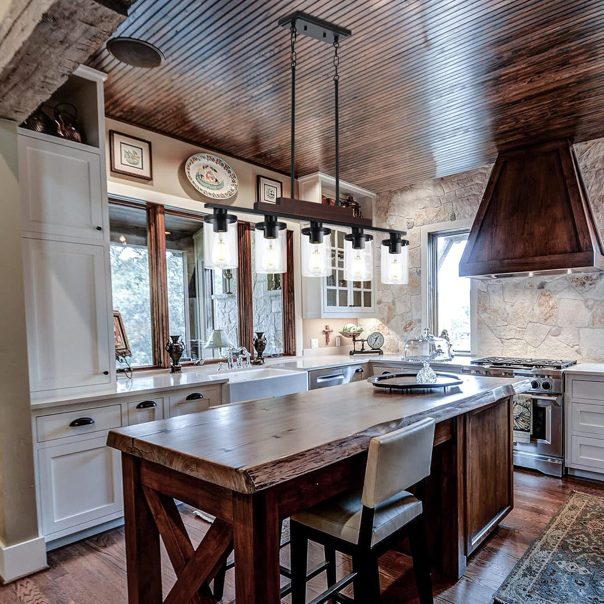 Five Light Farmhouse Linear Chandelier With Rustic Wood