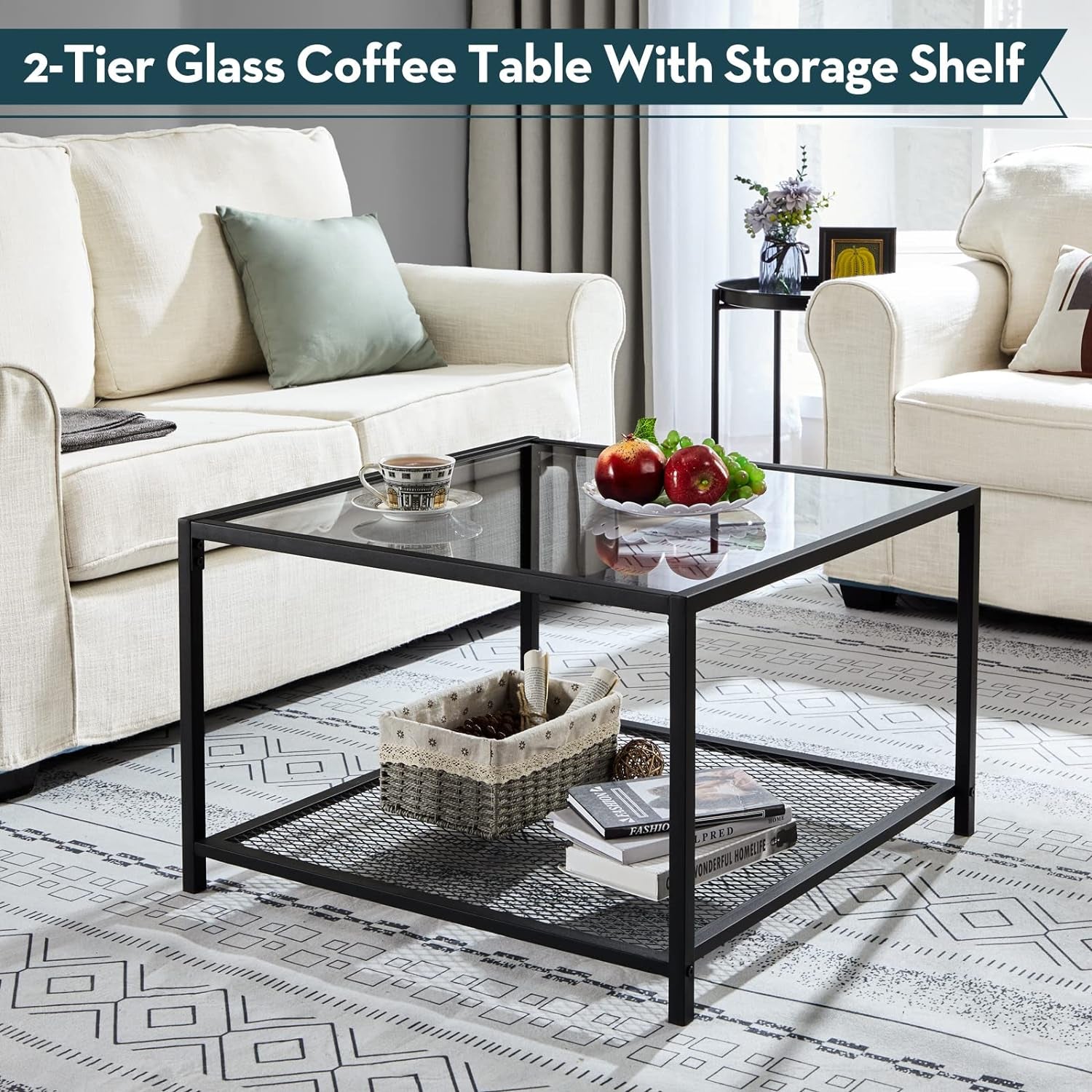 Coffee Table with Storage Modern Glass Coffee Tables Square Industrial Simple Center Table for Living Room Home Office Small Space 27.6 X 27.6 X 17.7 Inches Easy Assembly Gray Black