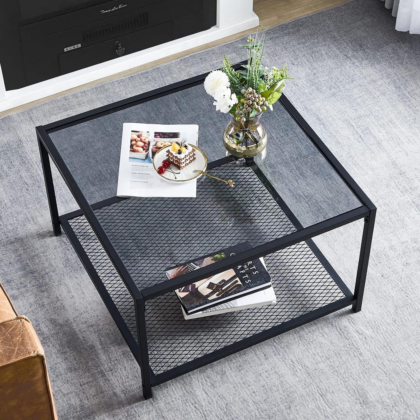 Coffee Table with Storage Modern Glass Coffee Tables Square Industrial Simple Center Table for Living Room Home Office Small Space 27.6 X 27.6 X 17.7 Inches Easy Assembly Gray Black