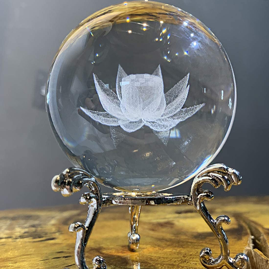 Crystal 2.4 Inch (60Mm) Carving Lotus Crystal Ball with Sliver-Plated Flowering Stand,Fengshui Glass Ball Home Decoration