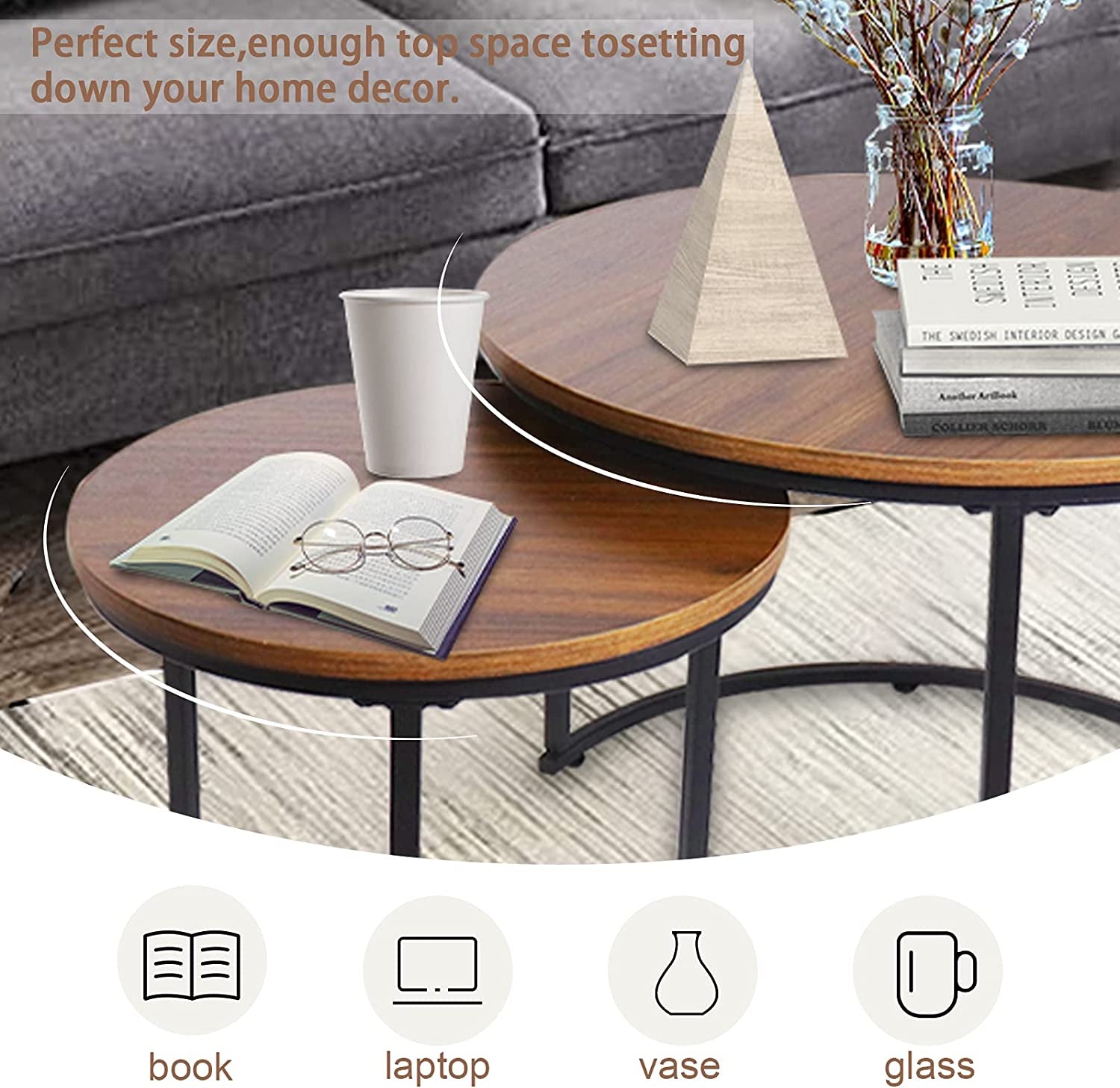 Coffee Table Nesting Side round Set of 2 End Table Top Sturdy Metal Frame Desk Centerpiece Living Room Bedroom Apartment Modern Industrial Simple Nightstand