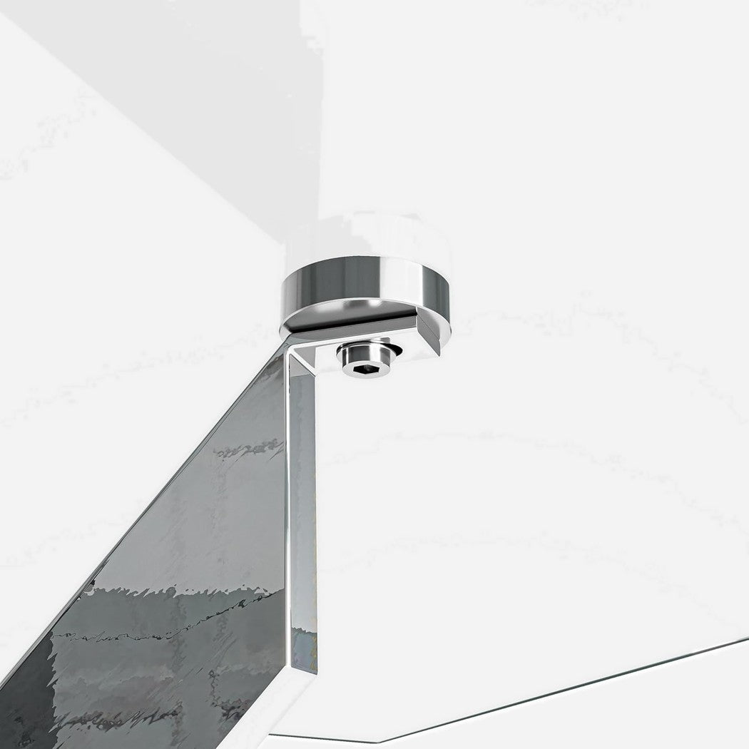 Close-up detail of the chrome cap where a leg meets the underside of the glass