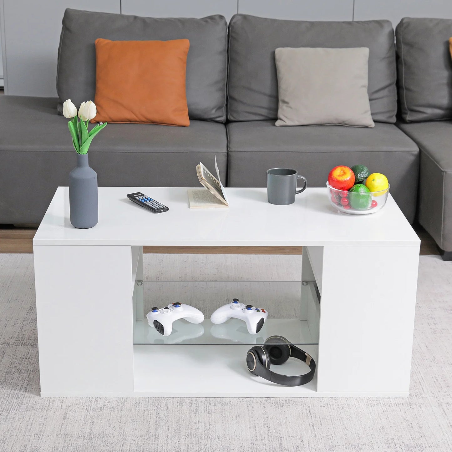 White Coffee Table with LED Lights Living Room Table Glass Open Shelves High Gloss Rectangle Center Table Sofa Side Cocktail Tables