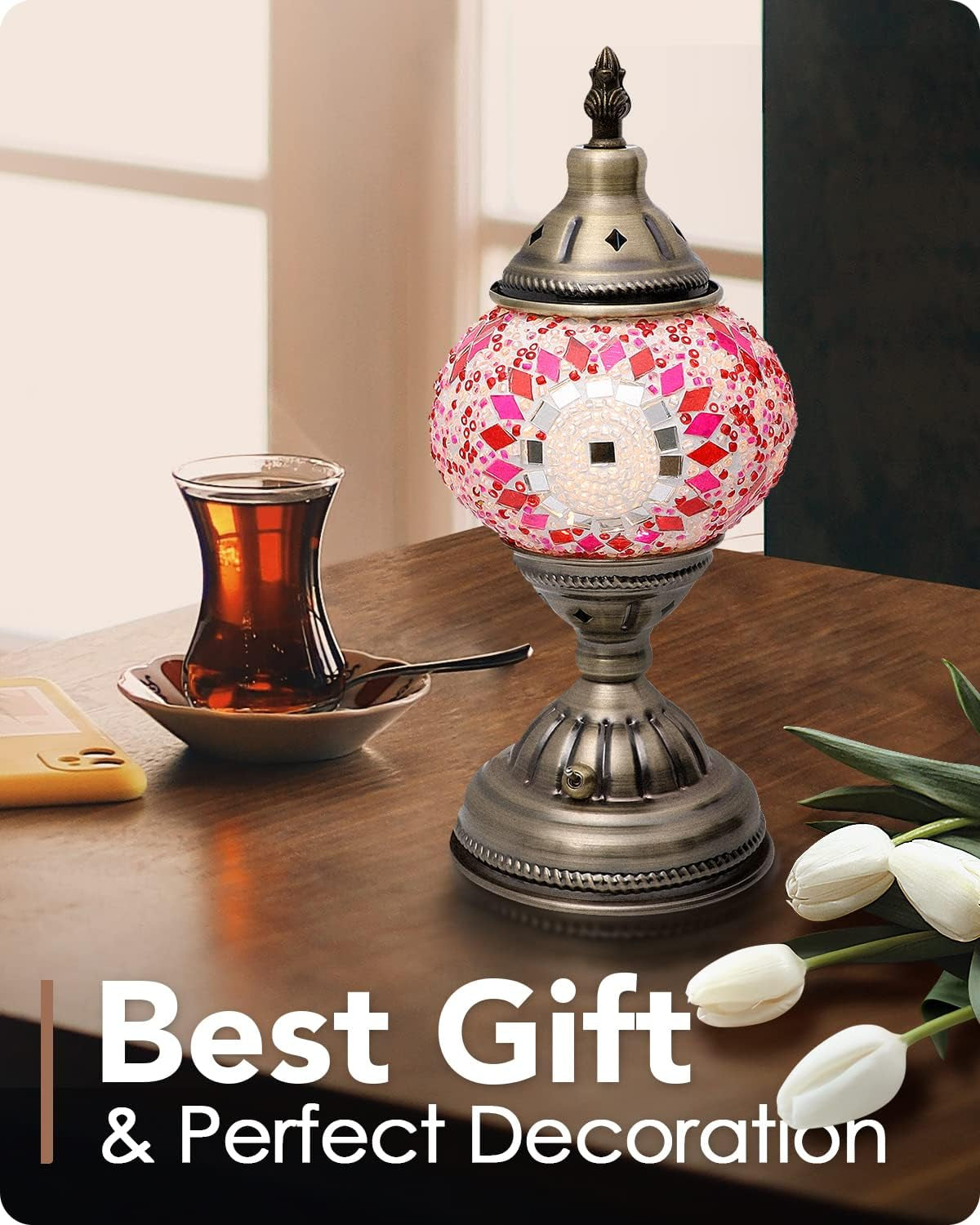 Turkish Moroccan Lamp with Bronze Base Handmade Tiffany Mosaic Glass Lamps Portable Bedside Lamps with Rechargeable Battery 2000Mah (LED Bulb Included)(3)