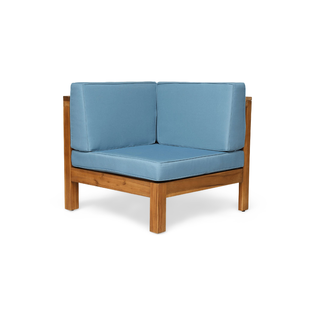 Blue corner seat of the acacia sectional, angled front view