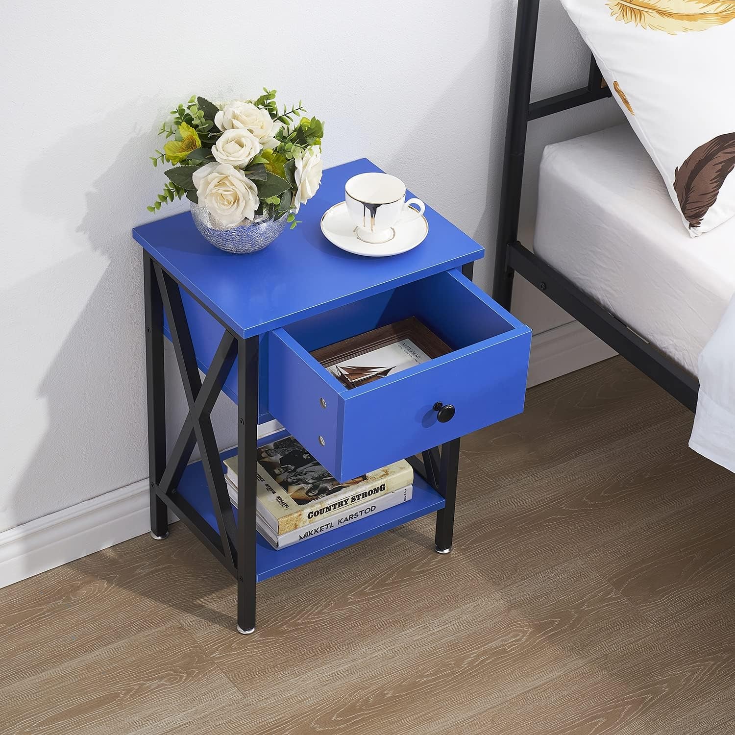 2-Piece X-Design Nightstand | Dark Blue | Drawer & Shelf