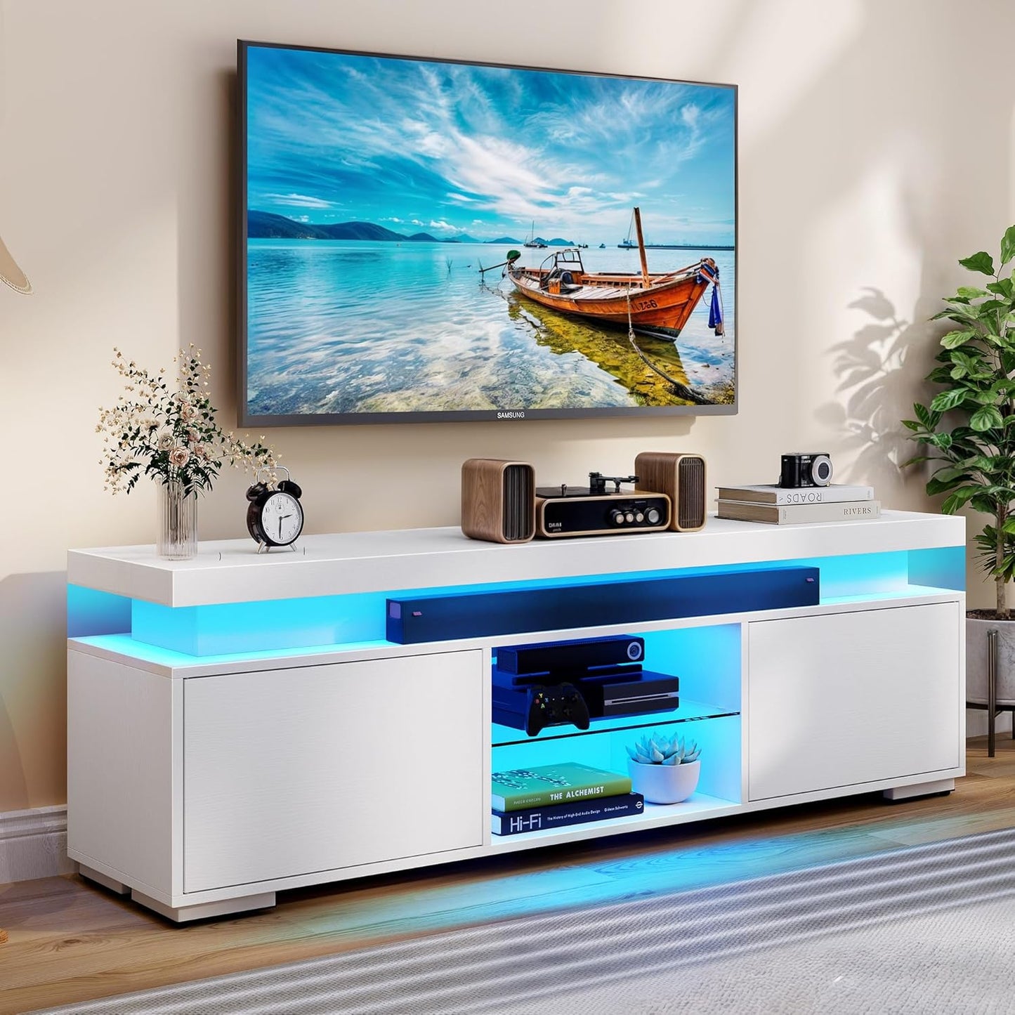 White-Modern TV Stand with Double Barn Doors for 65" TVs