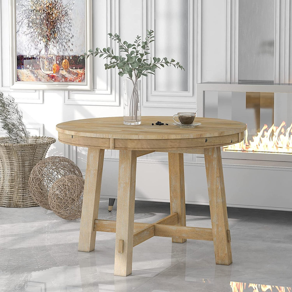 Extendable Round Wood Dining Table Farmhouse Style