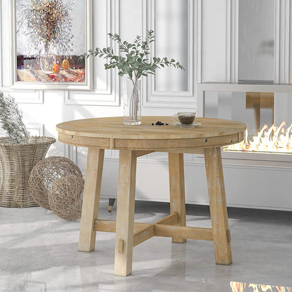 Extendable Round Wood Dining Table Farmhouse Style
