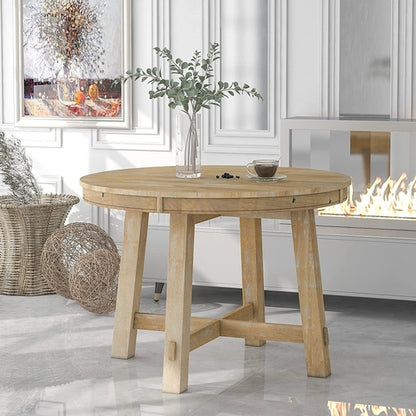Extendable Round Wood Dining Table Farmhouse Style