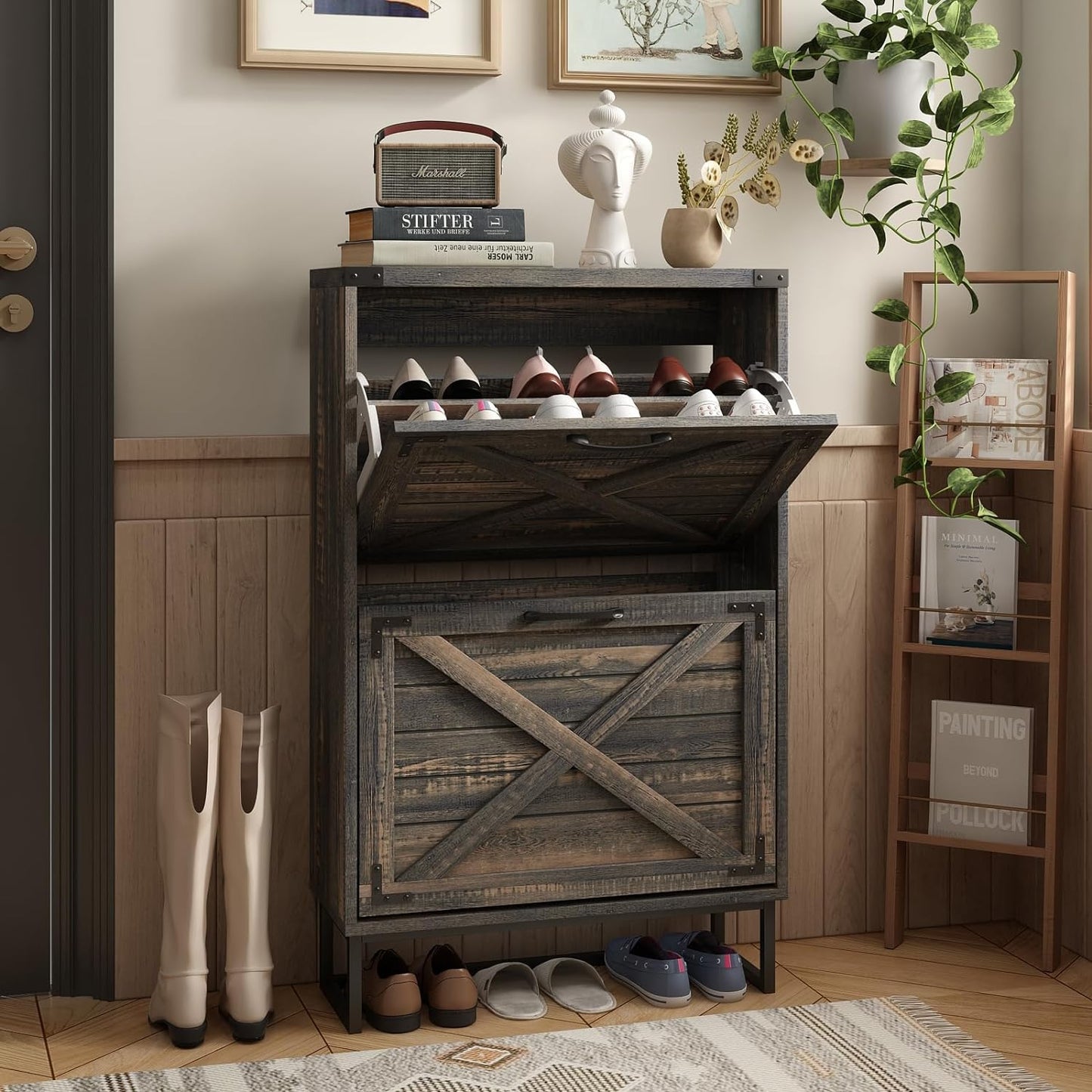 24" W Farmhouse Shoe Cabinet Storage for Entryway, Freestanding Organizer with 2 Flip Drawers, Narrow Shoe Rack Cabinet with Metal Corner Decoration, Rustic Brown