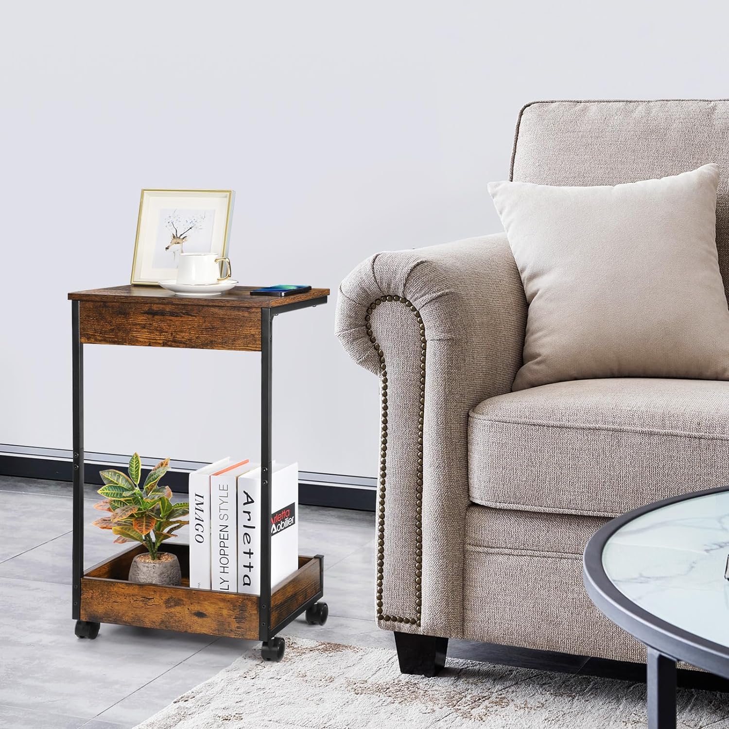 Rolling C-Shaped Sofa Side Table