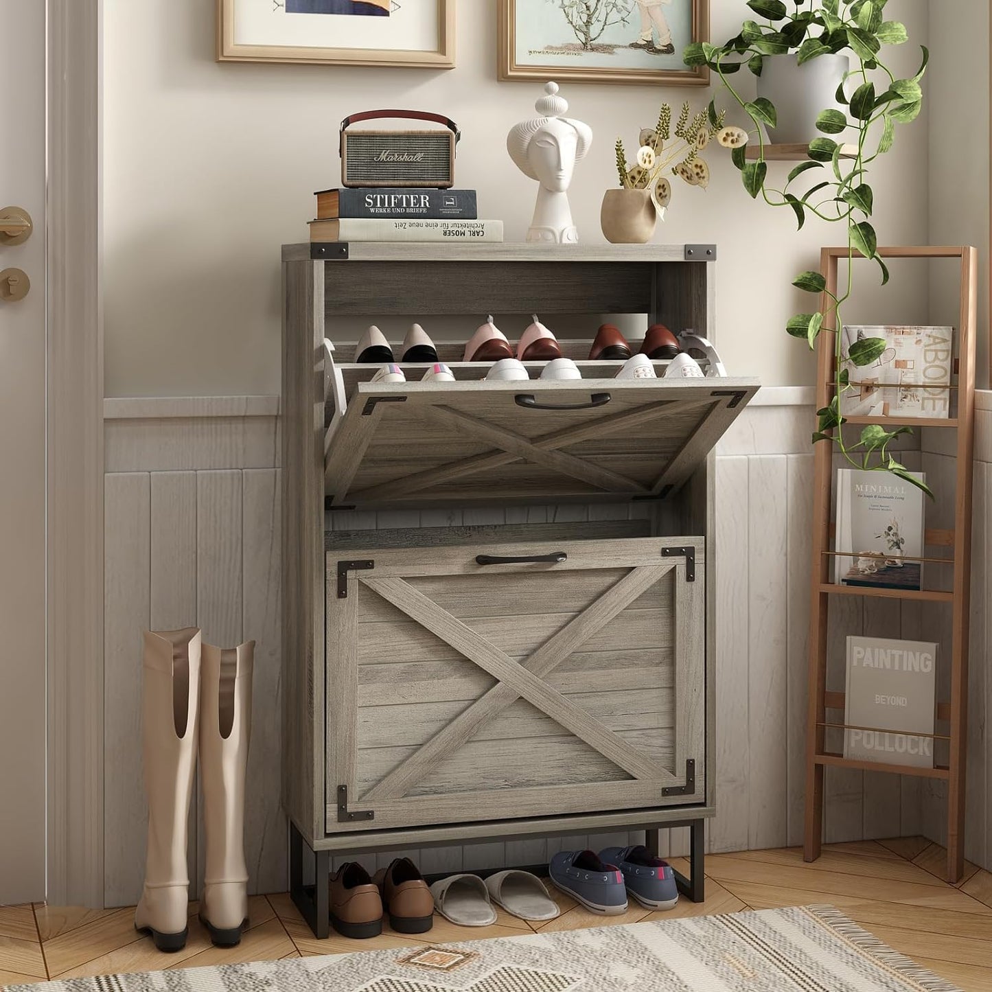 24" W Farmhouse Shoe Cabinet Storage for Entryway, Freestanding Organizer with 2 Flip Drawers, Narrow Shoe Rack Cabinet with Metal Corner Decoration, Rustic Brown