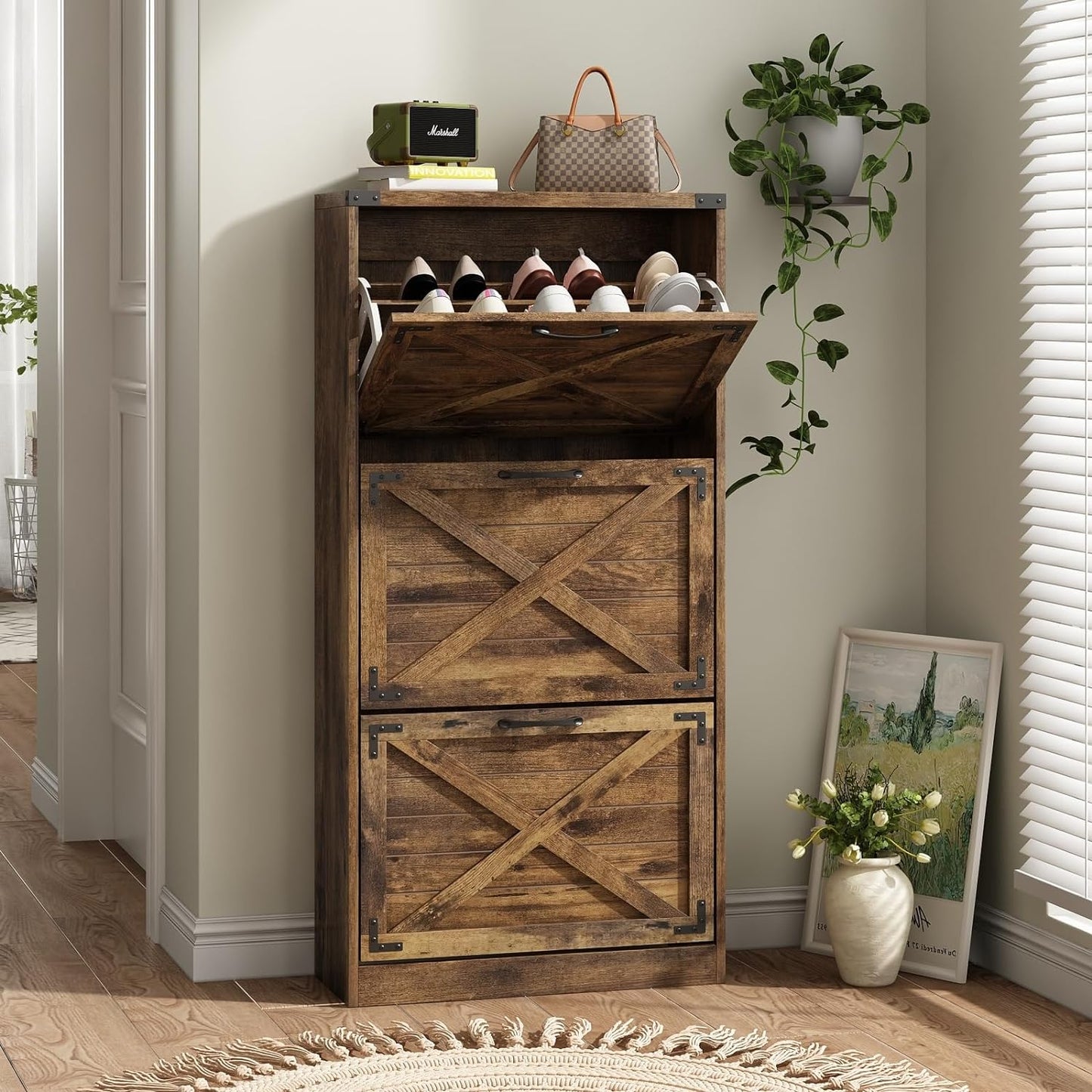 24" W Farmhouse Shoe Cabinet Storage for Entryway, Freestanding Organizer with 2 Flip Drawers, Narrow Shoe Rack Cabinet with Metal Corner Decoration, Rustic Brown