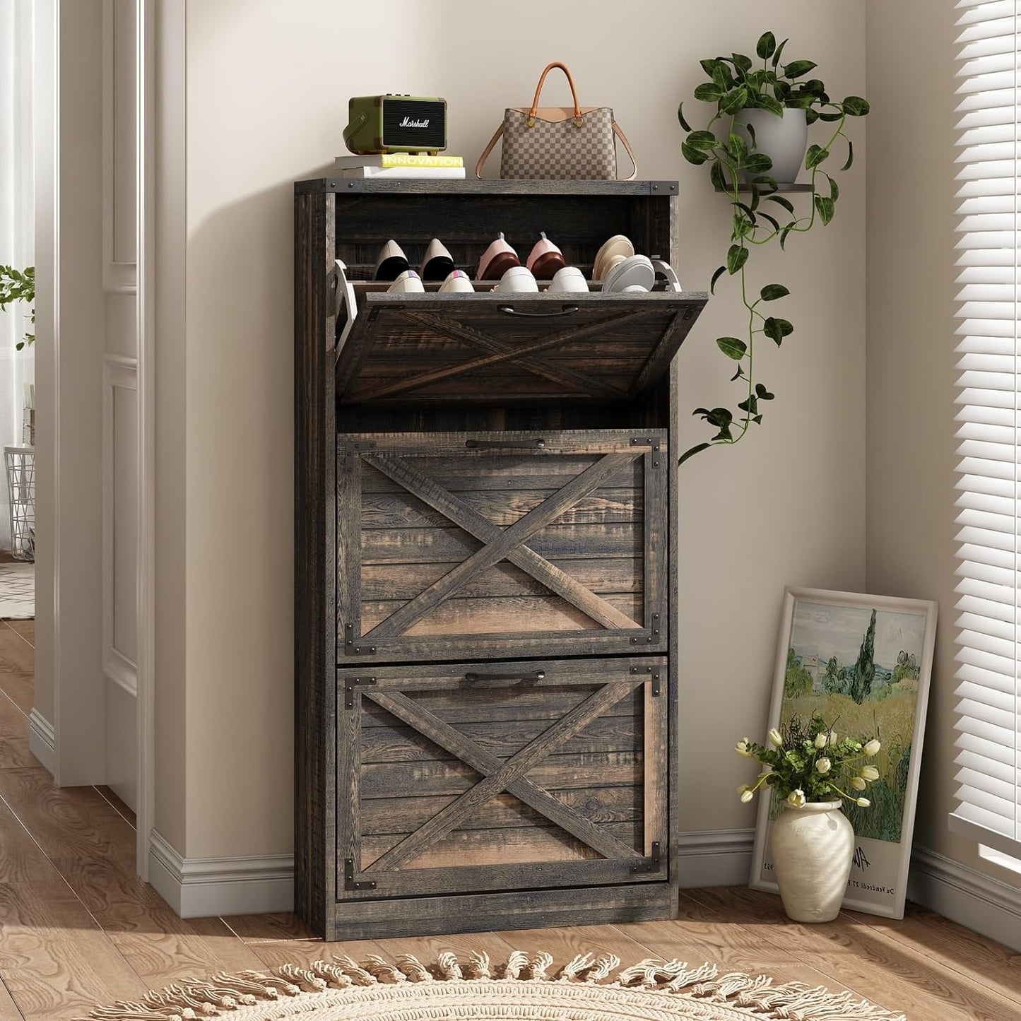 24" W Farmhouse Shoe Cabinet Storage for Entryway, Freestanding Organizer with 2 Flip Drawers, Narrow Shoe Rack Cabinet with Metal Corner Decoration, Rustic Brown