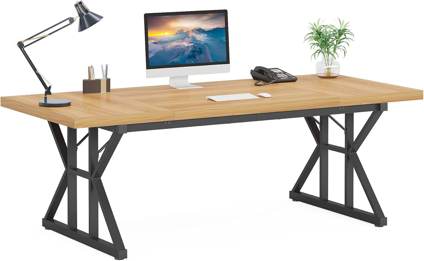 70.8 inch executive desk with a generous wood surface and black metal frame for a spacious home office.