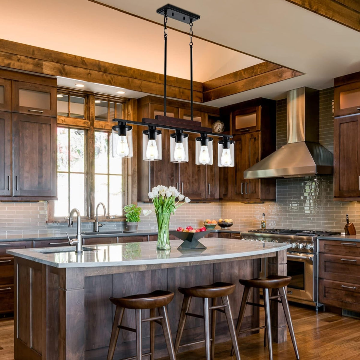 Five Light Farmhouse Linear Chandelier With Rustic Wood