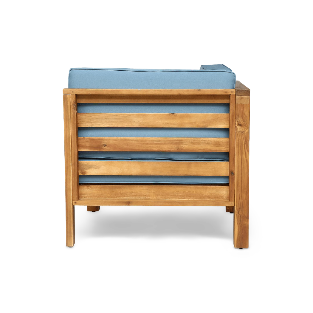 Blue corner seat of the acacia sectional, rear slat view