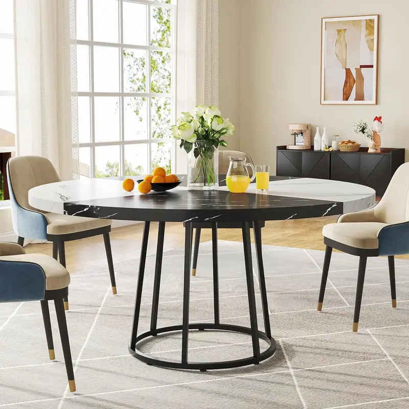 Tribesigns round Dining Table for 4 People, 47 Inch Kitchen Table with Circle Metal Base Faux Marble Table Top (Only Table)