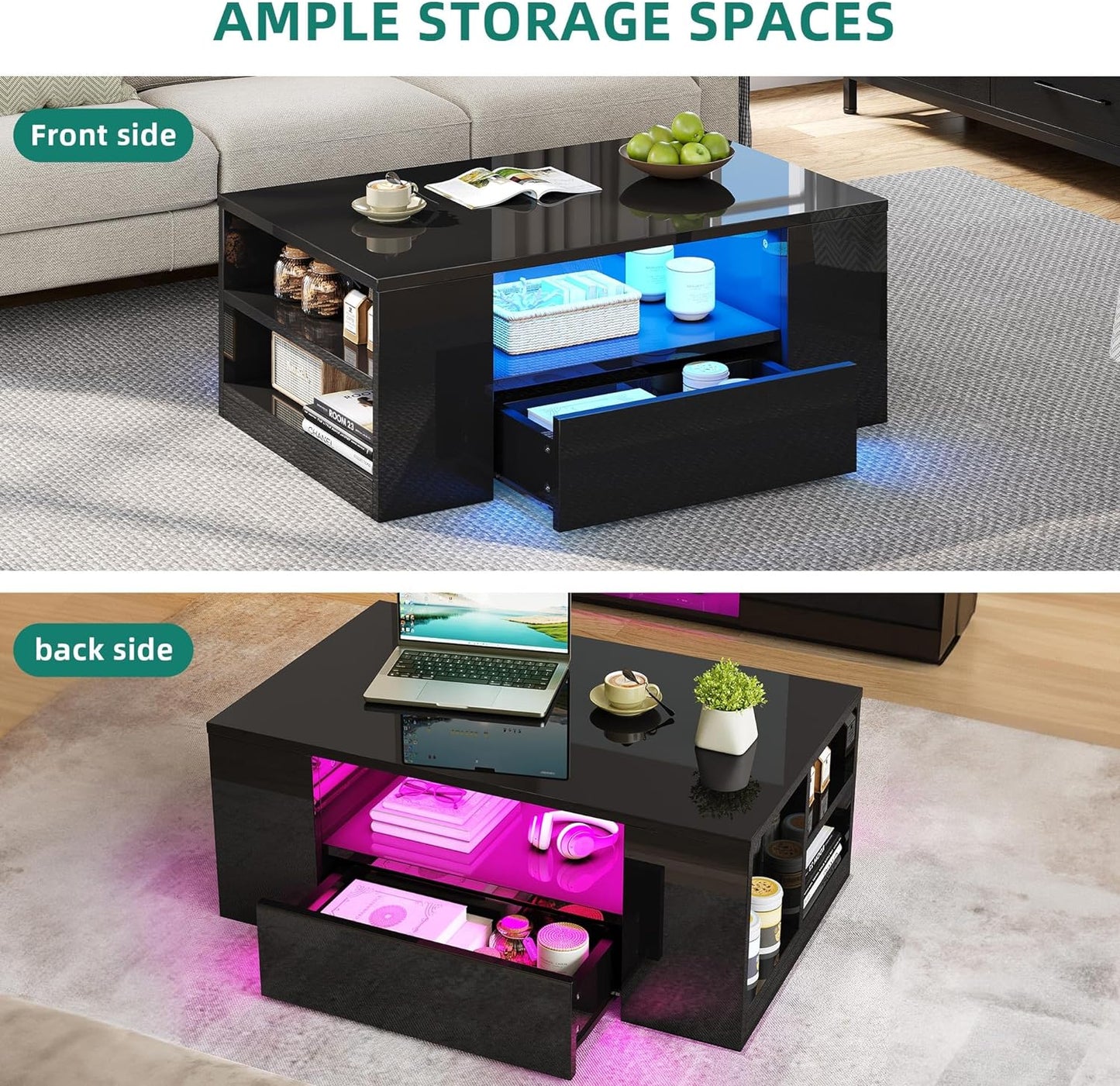 Modern Center Table with Storage and LED Light