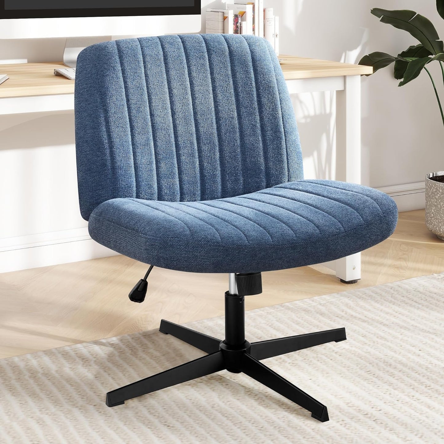 Criss Cross Chair, Cross Legged Office Chair, Wide Comfty Desk Chair, No Wheels Armless Computer Task Chair, Swivel Fabric Vanity Home Chair, Height Adjustable