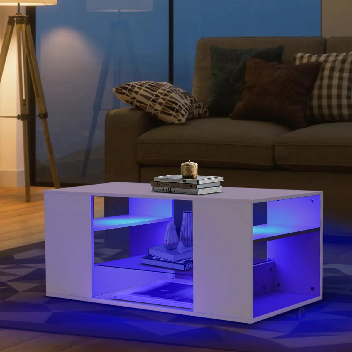 White Coffee Table with LED Lights Living Room Table Glass Open Shelves High Gloss Rectangle Center Table Sofa Side Cocktail Tables