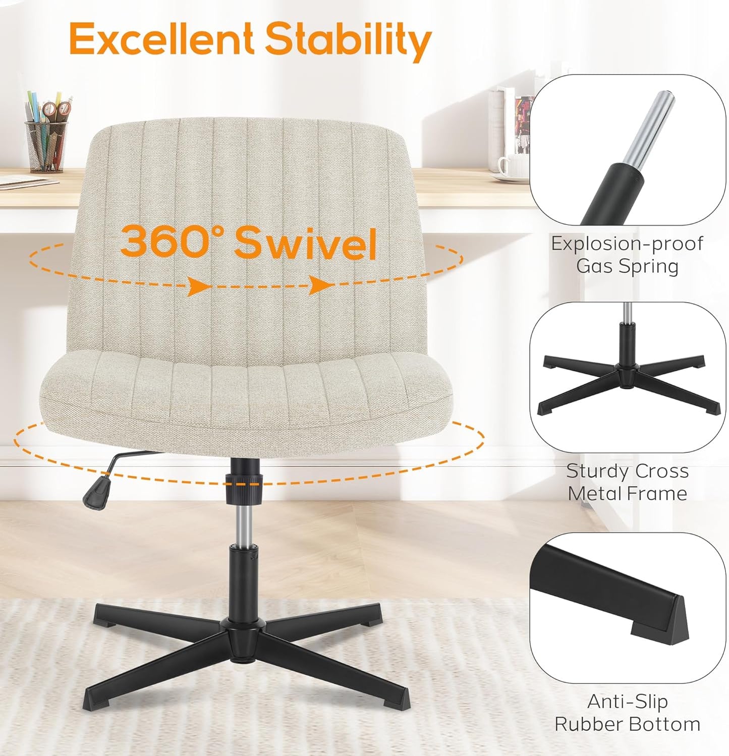 Criss Cross Chair, Cross Legged Office Chair, Wide Comfty Desk Chair, No Wheels Armless Computer Task Chair, Swivel Fabric Vanity Home Chair, Height Adjustable