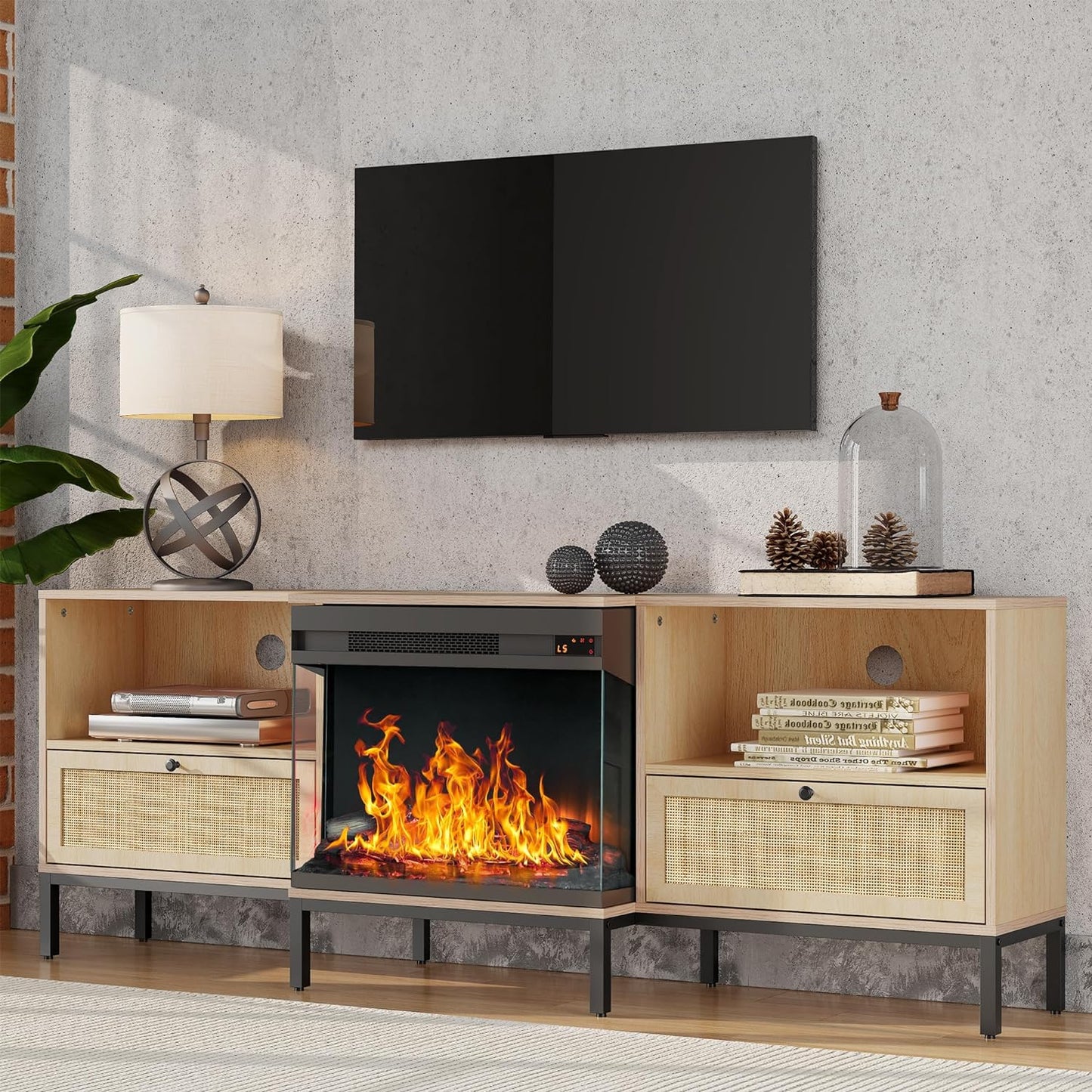 3-Side Glass TV Stand with Rattan Cabinet and Fireplace