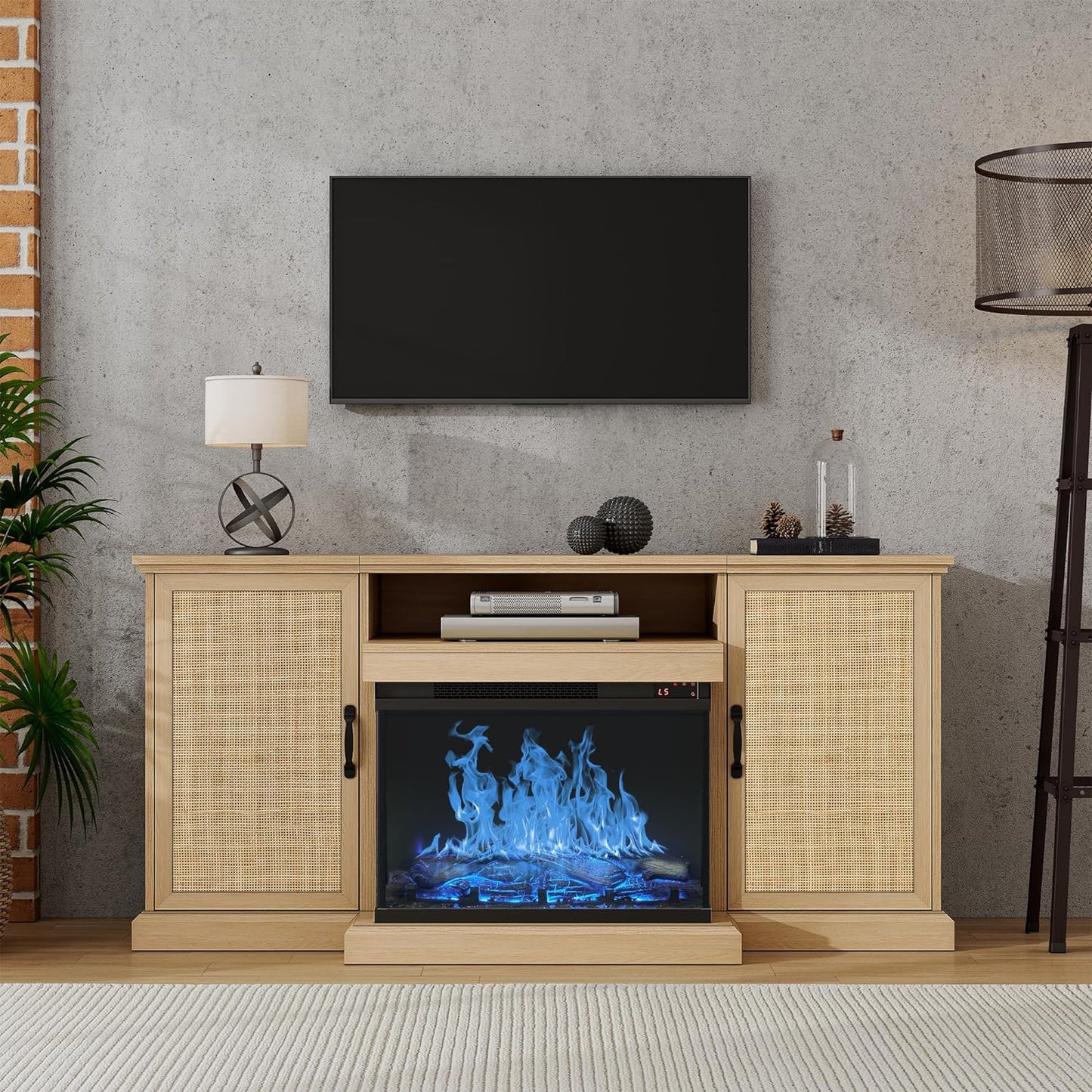 3-Side Glass TV Stand with Rattan Cabinet and Fireplace