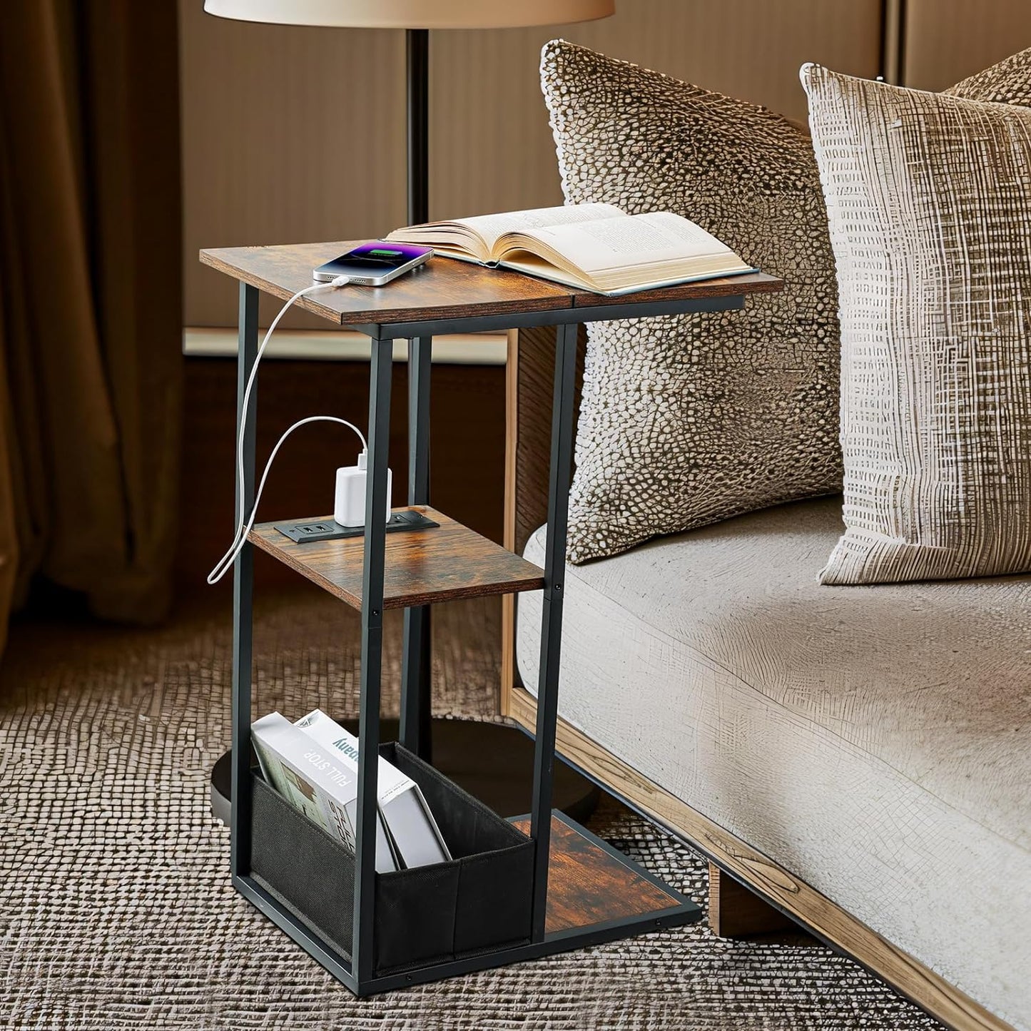 C-Shaped End Table with Charging Station