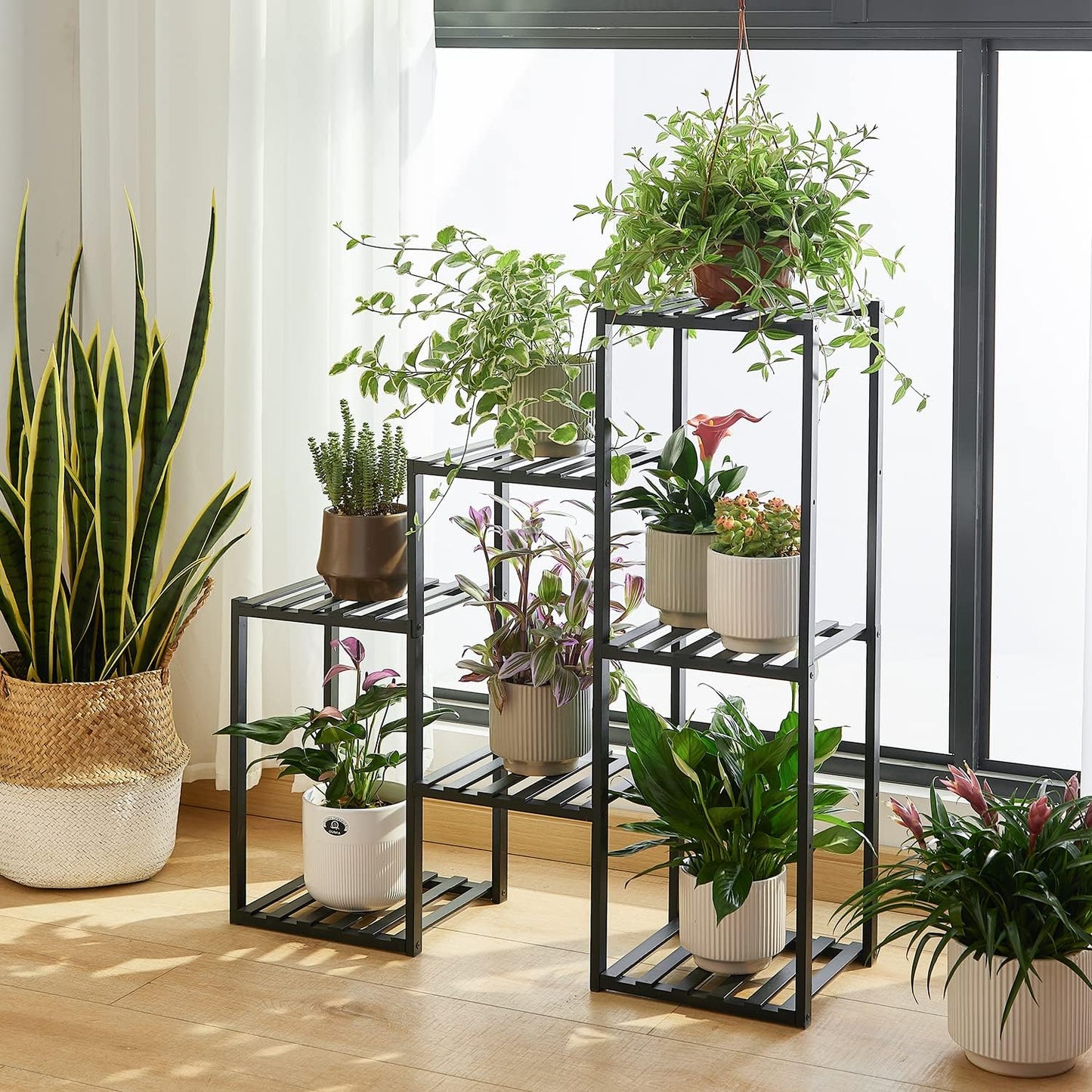 Plant Stand Indoor Plant Stands Bamboo Outdoor Tiered Plant Shelf for Multiple Plants, 3 Tiers 7 Potted Ladder Plant Holder Table Plant Pot Stand for Window Garden Balcony Living Room Corner (Black)