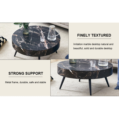 Round Marble Top Cocktail Table, 31.5 Inch Black Finish