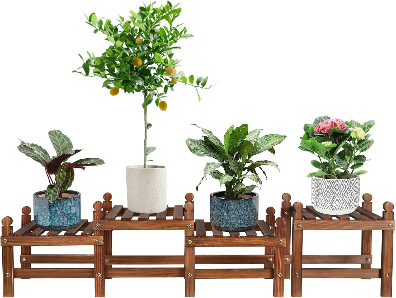 Wood Flower Stand Small Plant Stand Indoor Outdoor Plant Shelf Low Window Shelf for Plants Windowsill Plant Rack for Patio Balcony Hallway Garden (45.5”Long,Multiple Combination Way,4 Tiers)