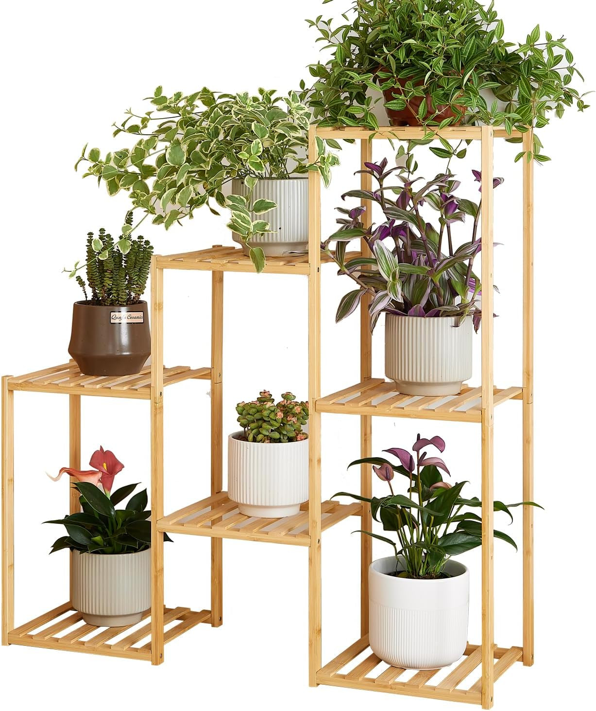 Plant Stand Indoor Plant Stands Bamboo Outdoor Tiered Plant Shelf for Multiple Plants, 3 Tiers 7 Potted Ladder Plant Holder Table Plant Pot Stand for Window Garden Balcony Living Room Corner (Black)