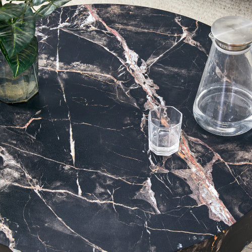 Round Marble Top Cocktail Table, 31.5 Inch Black Finish