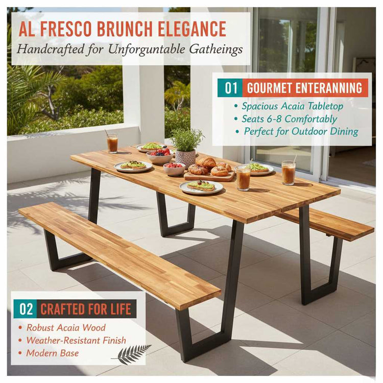 Acacia Wood Picnic Table with 2 benches on a patio, natural grain finish for outdoor dining.