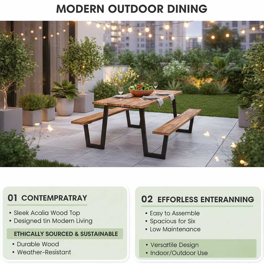 Acacia Wood Picnic Table with 2 benches highlights, on a patio, outdoor dining setup with string lights and plants.