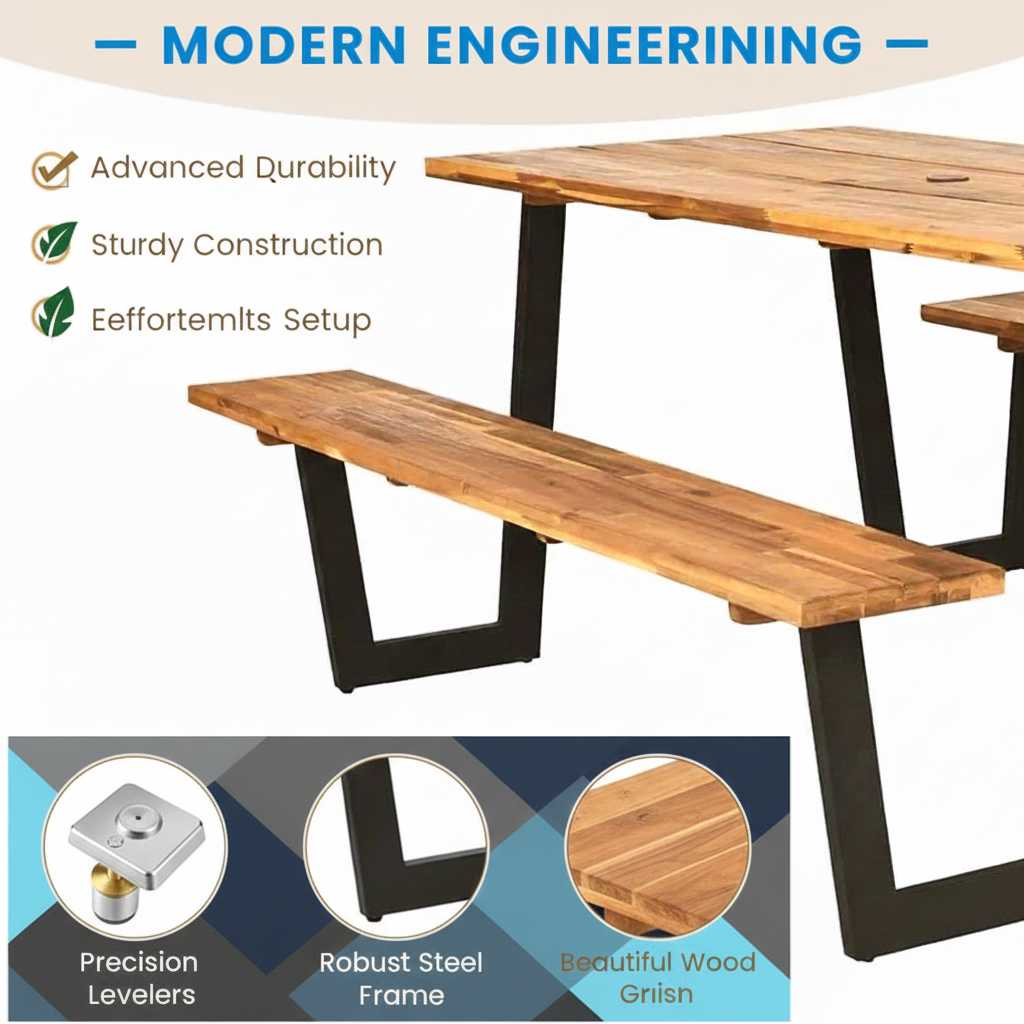 Acacia Wood Picnic Table with 2 benches, natural grain finish and black steel frame for outdoor dining.