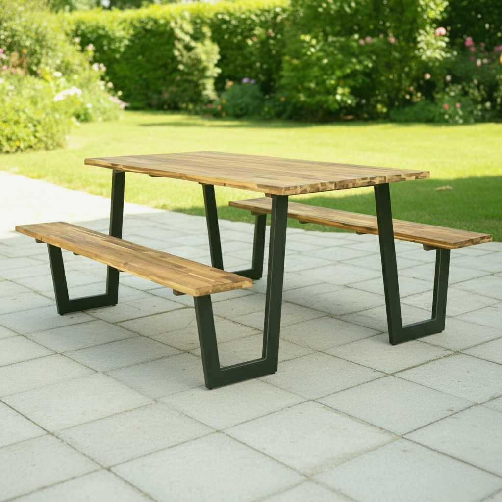 Acacia Wood Picnic Table with two benches, outdoor patio setting, natural grain finish and black metal legs.