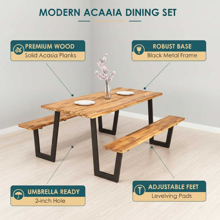 Acacia Wood Picnic Table with two benches, natural grain finish, black metal frame, umbrella-ready, leveling feet.