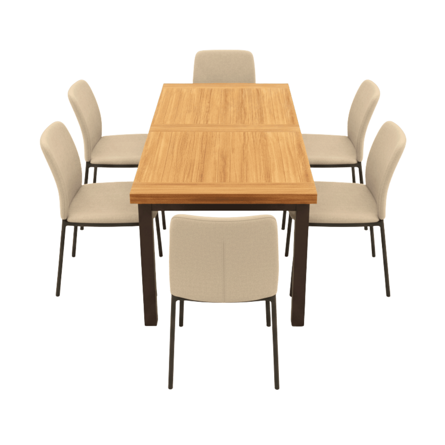 Acacia wood dining table for 6 with indoor/outdoor iron legs, surrounded by beige upholstered chairs.