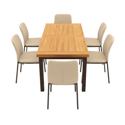 Acacia wood dining table for 6 with indoor/outdoor iron legs, surrounded by beige upholstered chairs.