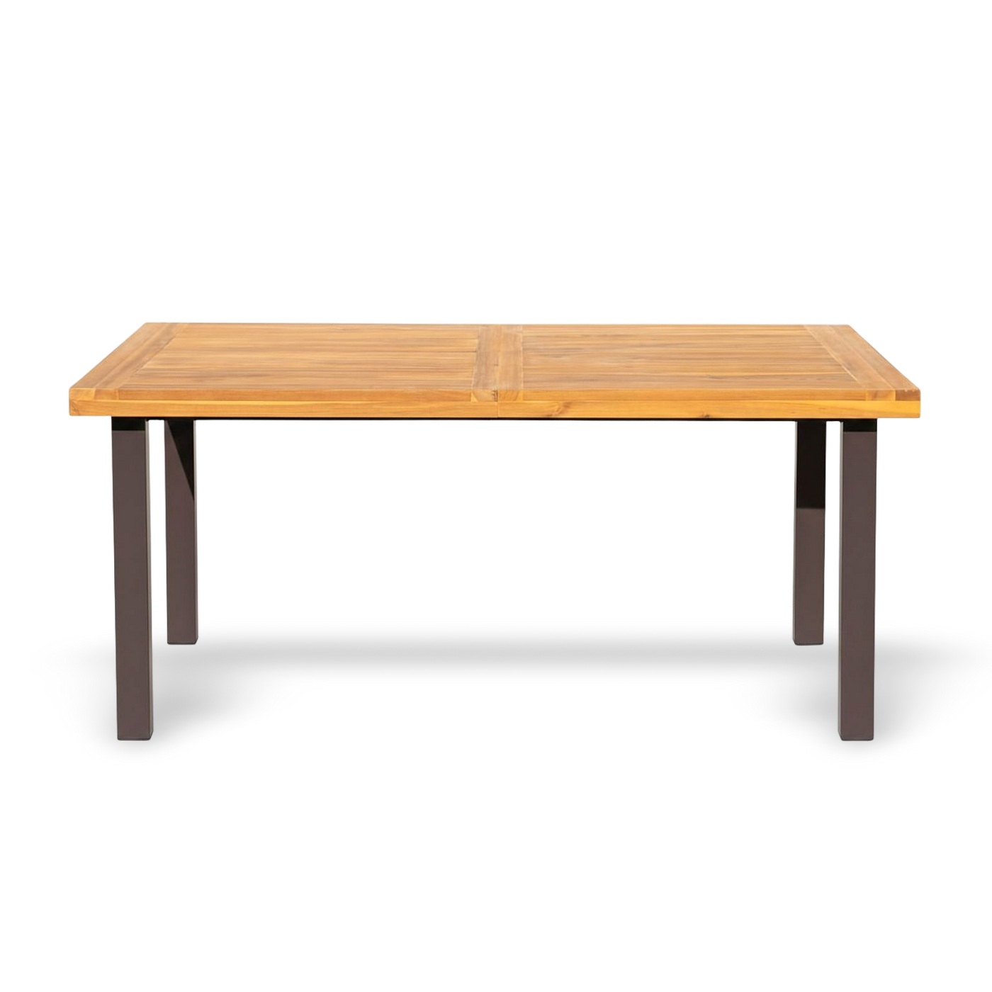 Acacia wood dining table for six with iron legs, indoor-outdoor use.