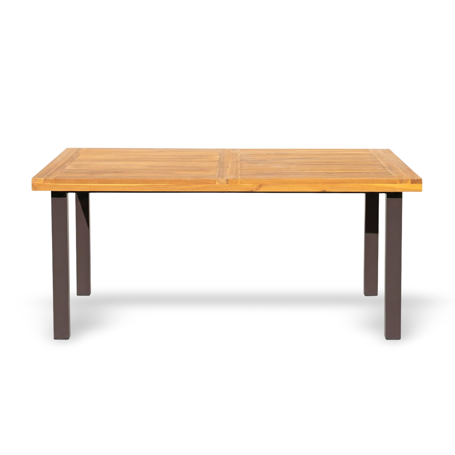 Acacia wood dining table for six with iron legs, indoor-outdoor use.