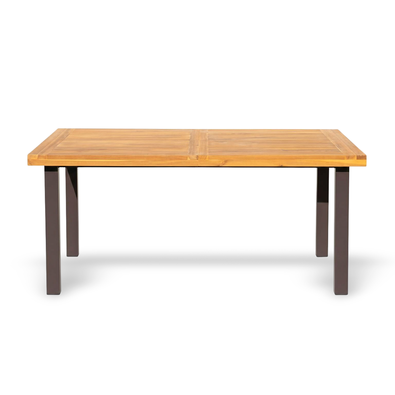 Acacia wood dining table for six with iron legs, indoor-outdoor use.
