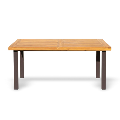 Acacia wood dining table for six with iron legs, indoor-outdoor use.